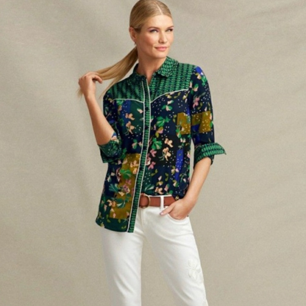 Cabi Bronco Western Patchwork Floral Button Up Blouse Barrel Cuffs # 5520 Sz M